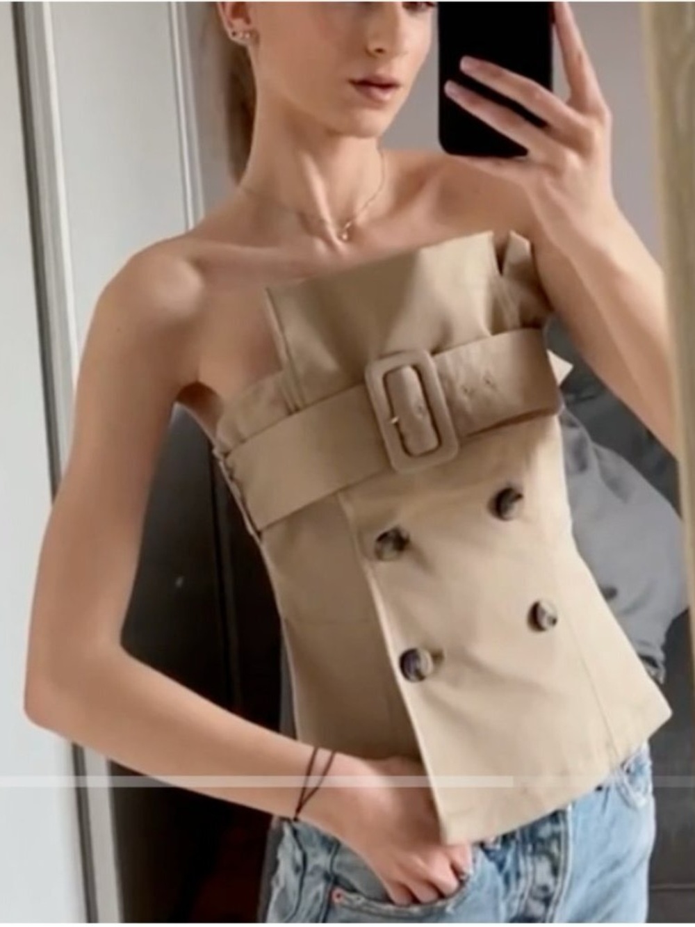 Zara Blogger Favorite Belted Trench Gabardine Bustier Corset Top Tan Size S